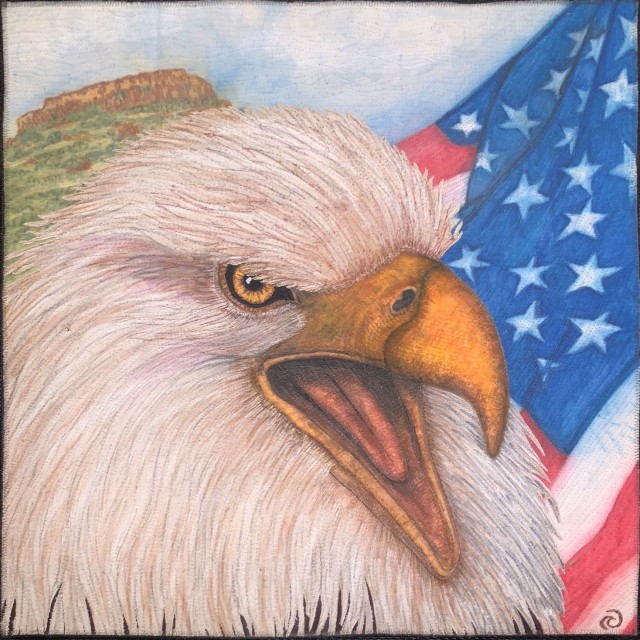 Bald Eagle with USA Flag and Cap Rock